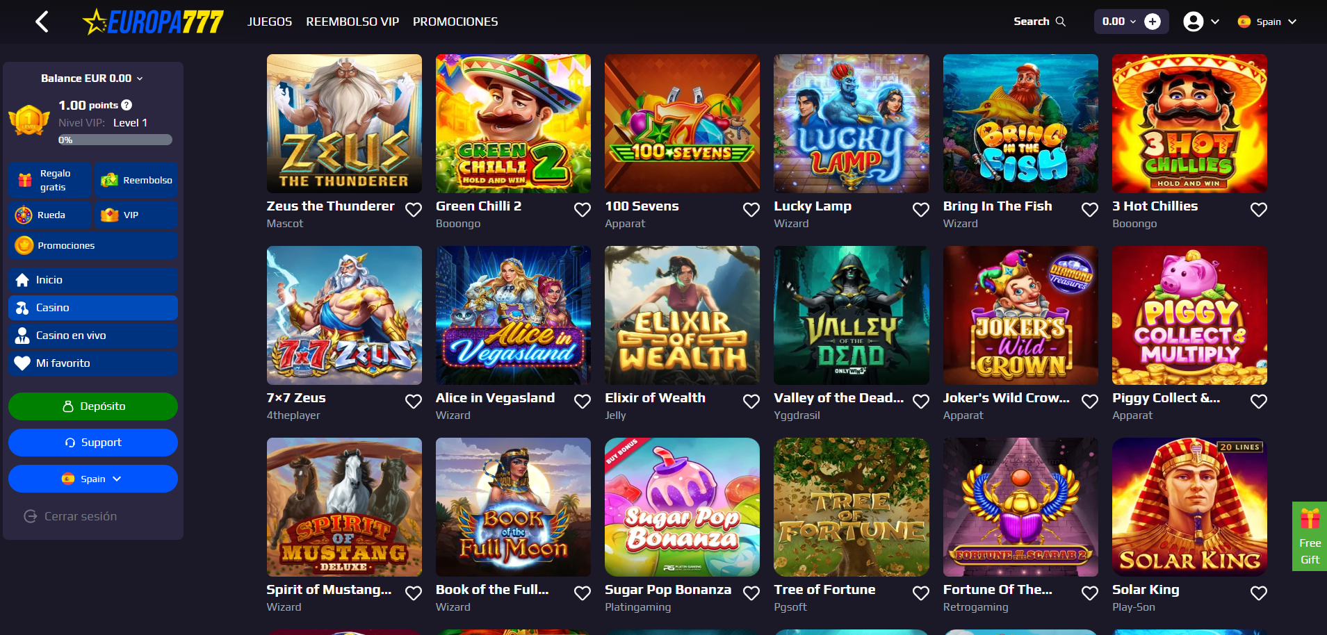 Selección de Juegos en Europa777 Casino