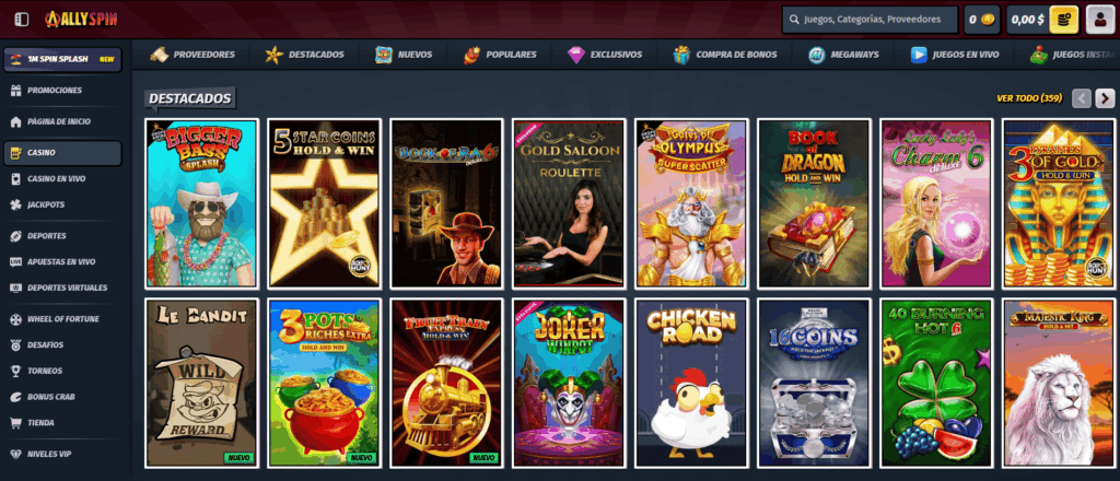 Selección de Juegos en AllySpin Casino