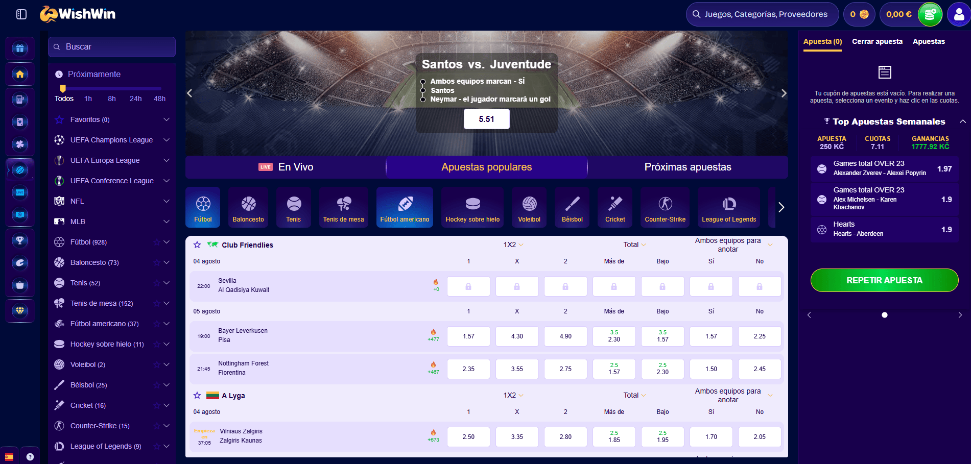 Visión General del Sportsbook de WishWin